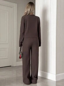 EURMUSE Women 2 Pieces Casual Long Sleeve Top And Pants Set - Brown - View 2