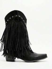 Solezae Giày cao bồi mũi nhọn màu đen, kiểu phương Tây quyến rũ, dài đến bắp chân, trang trí hình ngôi sao, thời trang vui nhộn cho ngày lễ - màu đen - Xem 4