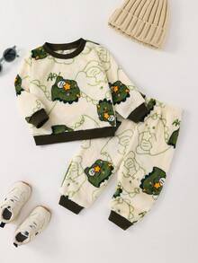 SHEIN 2 件套婴儿男童/女童休闲舒适卡通恐龙印花长袖睡衣套装，秋冬