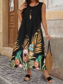 EMERY ROSE Plus Size Tropical Print Sleeveless Long Dress For Summer Holiday - Multicolor - View 5