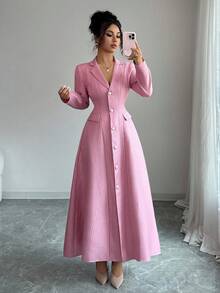 Elenzga Đầm dài chữ A hở lưng tay dài cổ bẻ mới cho nữ, dáng dài thoải mái, năng động, trẻ trung, thanh lịch, phù hợp mặc hàng ngày - Hồng - Xem 6