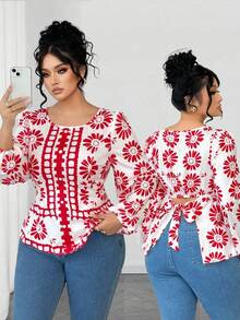 SHEIN Elenzya Áo cánh dài tay ôm sát cổ tròn in họa tiết cho nữ, áo khoác ngoài thường ngày - Nhiều màu - Xem 3