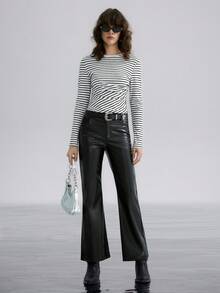SHEIN ChicEase Camiseta de mujer con parches de encaje, fruncido lateral y ajuste ceñido a rayas - Blanco y Negro - Ver 4