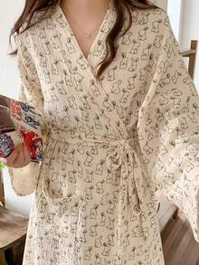 SHEIN 1 Áo choàng ngủ dài tay cho nữ, kiểu dáng tối giản châu Âu, dành cho nữ cỡ lớn, nhẹ nhàng, thích hợp mặc ở nhà. - Màu be - Xem 8