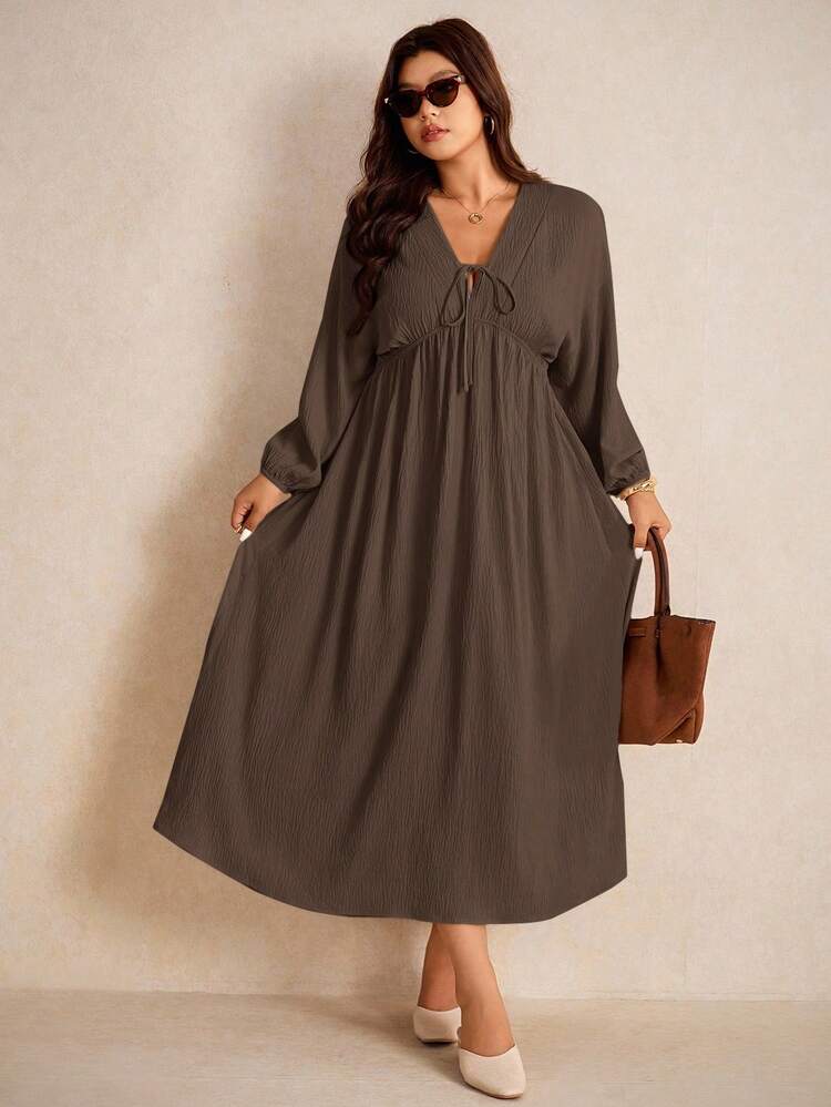 Elaquor Plus Size Women Solid Color Casual Loose Long Sleeve Drawstring Dress Spring - Brown - View 4