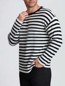 INAWLY Men's Casual Striped Round Neck Drop Shoulder Long Sleeve Knit Sweater, Autumn - Multicolor - View 5