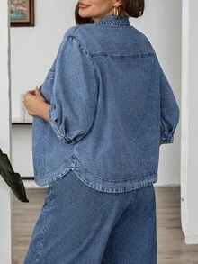 EMERY ROSE Plus Size Solid Color Casual Long Sleeve Denim Shirt,Travel, Commuting, Party, Vacation, Old Money Style, Shopping, Banquet, Elegant, Party, Date,Winter,Fall ,Autumn,Halloween,Christmas ,New Year,Thanksgiving, Party - Blue - View 2