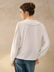 INAWLY 女式标准尺码纯色彼得潘领插肩袖纹理面料休闲衬衫 - 白色 - 查看 2