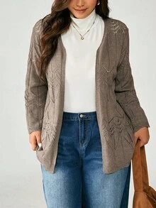 EMERY ROSE Elegant Mature Hollow Floral Pattern Cardigan, No Buttons - Mocha Brown - View 1