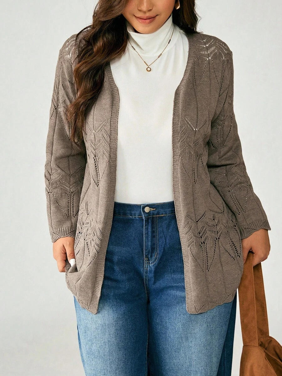 EMERY ROSE Elegant Mature Hollow Floral Pattern Cardigan, No Buttons - Mocha Brown - View 1