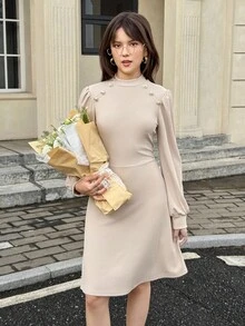 Streecool Teen Girls Knit Ribbed Solid Color Dress, Metal Button Decor, French Retro Collar, Puff Lantern Sleeves, High Waist, Suitable For Casual, Commute, Vacation In Spring And Autumn Fall Winter - Apricot - View 4