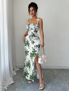 Elenzga 新款女式细肩带蝴蝶结腰部褶饰下摆开衩设计连衣裙，适合约会、派对、日常穿着，优雅迷人 - 綠色 - 查看 4