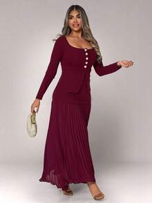 Xyvia 2pcs Women Set: Solid Color Button Front Top And Pleated Skirt Fall Cloth For Women - Burgundy - View 5