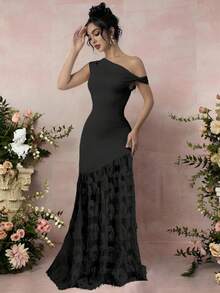 Rafferiza Váy đuôi cá jacquard ôm sát vai cổ xoắn thanh lịch dành cho nữ - màu đen - Xem 4