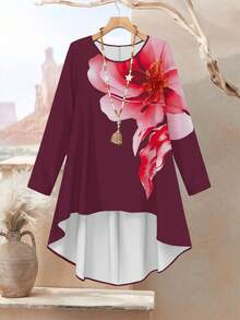 SHEIN Lacomfia Conjunto de 2 piezas de top de cuello redondo y pantalones de ajuste holgado con estampado digital de acuarela floral para mujer