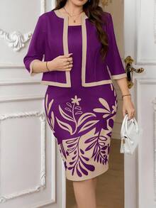 SHEIN Clasi 大尺碼女款優雅花卉印花洋裝與外套兩件套 - 紫色 - 查看 7