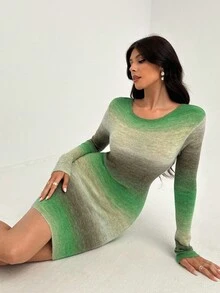 Rafferiza Nuovo stile blogger europeo e americano, elegante abito corto in filato sfumato, aderente, con spalle oblique e collo rotondo, manica lunga. Abiti eleganti da donna per feste ed eventi eleganti. Abiti eleganti e chic per l'autunno e l'inverno, adatti per uscire, lavoro, tempo libero e ogni occasione. - Multicolore - Visualizzare 2