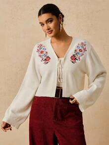 Travachic Cárdigan de mujer de talla grande bordado para otoño/invierno - Blanco - Ver 3