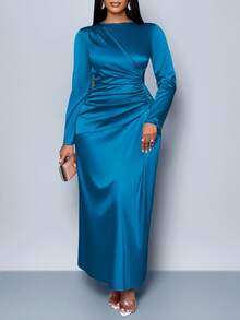 SOLERSUN Women's Elegant Solid Color Ruched Side Satin Bodycon Dress,Suitable For Dating Party Maxi Women Outfit Fall - Teal Blue - View 5