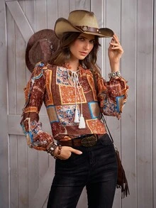 LanaWest Women's Autumn/Winter New Retro Western Paisley Asymmetrical Print Notched Neck Frill Trim Long Sleeve Tie-Up Tassel Loose Bohemian Style Casual Versatile Blouse Fall Cloth For Women - Brown - View 7