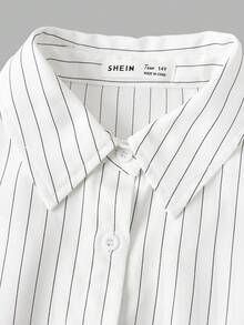 少女白色修身弧形下摆条纹衬衫，学院风衬衫，百搭百搭衬衫，适合青少年，返校季 - 白色 - 查看 3