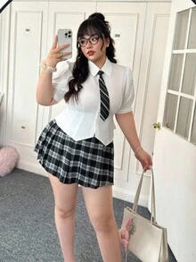 CovetEZ 大码休闲纯色泡泡袖收腰衬衫 - 白色 - 查看 7