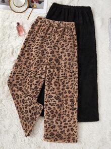 SHEIN 2件套女士毛绒休闲蓬松睡裤，纯黑色和豹纹印花，秋冬季舒适优雅细节毛绒睡裤猎豹纹蓬松睡衣豹纹蓬松睡衣，秋冬服装