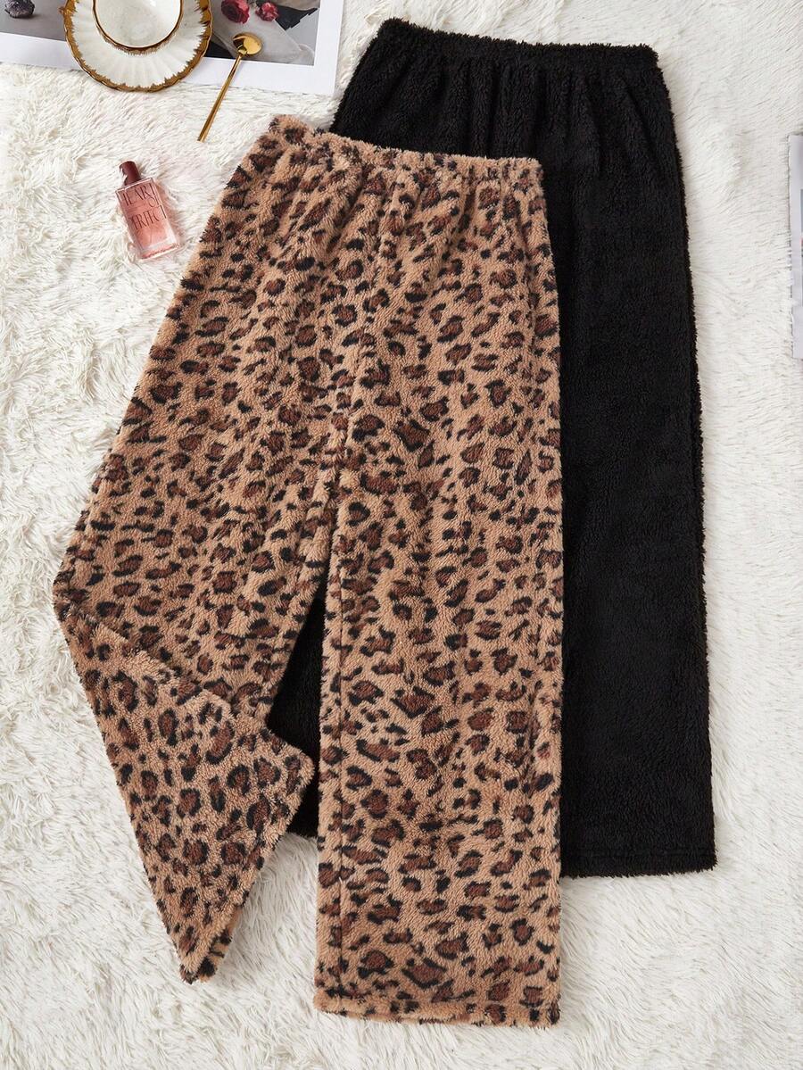 SHEIN 2件套女士毛绒休闲蓬松睡裤，纯黑色和豹纹印花，秋冬季舒适优雅细节毛绒睡裤猎豹纹蓬松睡衣豹纹蓬松睡衣，秋冬服装