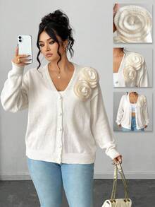 Elenzga Plus Size Women's V-Neck Button Handmade Floral Casual Open Cardigan Sweater, Autumn/Winter Fall