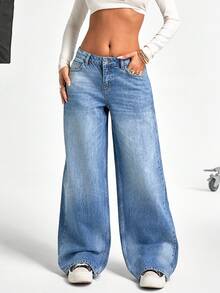 EURMUSE Quần jeans ống rộng cạp thấp màu xanh thời trang, rộng rãi, thường ngày, giặt nhiều dành cho nữ - Rửa trung bình - Xem 4