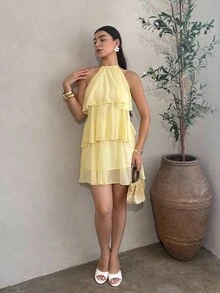 Andrea Bello 夏季海滩度假纯红色层叠荷叶蛋糕雪纺迷你连衣裙，适合日常约会、夜间外出、夜总会、派对、聚会、鸡尾酒会、泳池派对、返校季服装、学校季连衣裙、节日连衣裙、芭蕾舞裙 - 黃色 - 查看 4