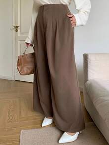 Dazy Plus Plus Size Women Loose Solid Color Wide Leg Casual Long Pants, All Season Women Dress Pants Fall - Coffee Brown - View 3