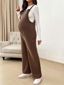 SHEIN Maternity Solid Color Pocket Design Wide Leg Casual Jumpsuit - Brown - View 7