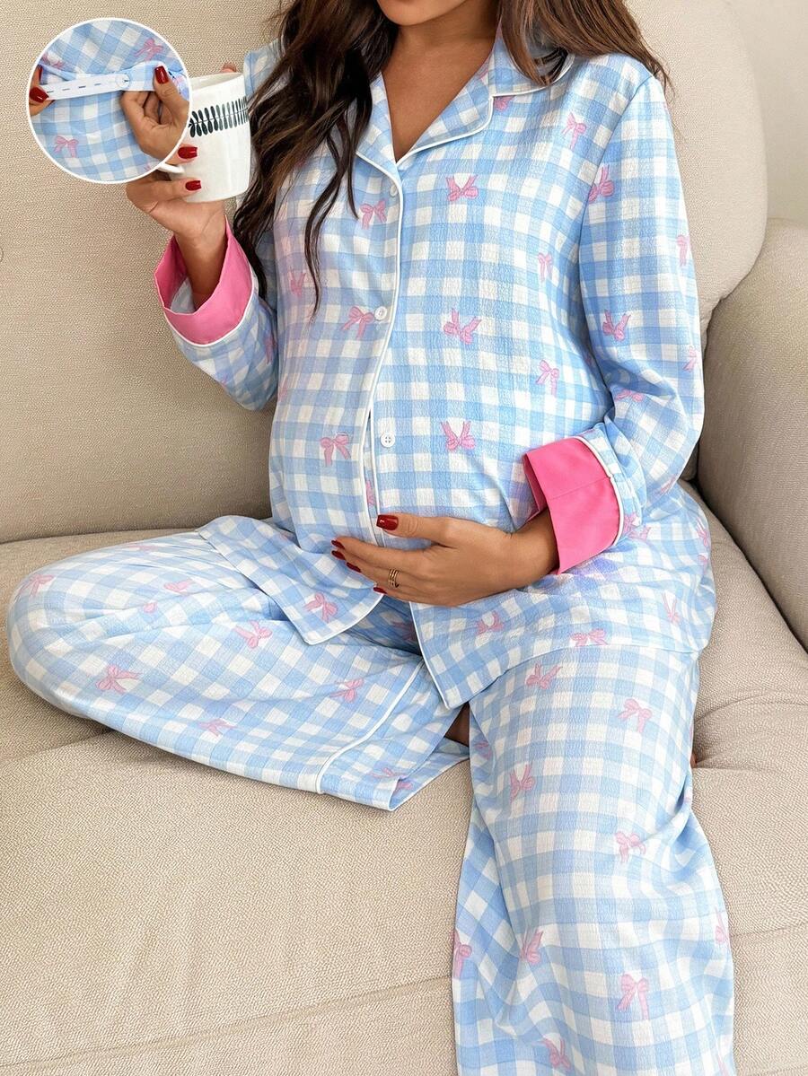 SHEIN 2pcs Maternity Casual Loose Long Sleeve Top And Pants Set,Maternity Pjs ,Loungewear,Nightgown,Sleepwear Set Plaid Pajamas Women Nightwear Maternity Sleepwear Sleep Wear Women Bow Print Pajama Set - Blue - View 1