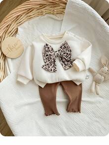 Newborn Baby Girl's Girls White Autumn Set,Leopard Print 3D Bow Knitted Sweatshirt And Thickened Elastic Waist Edge Winter Pants,Matching Family 2Pcs - Multicolor - View 3