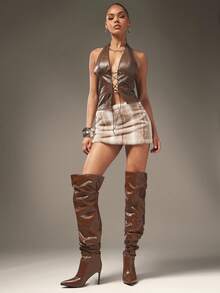 SHUZIA حذاء بكعب عالي بتصميم الساق الطويل من الجلد الصناعي PU بتصميم مريح وأنيق مناسب للمناسبات الخاصة مثل عيد الهالوين والشتاء والأعياد - شوكولاته بني - مشاهدة 3