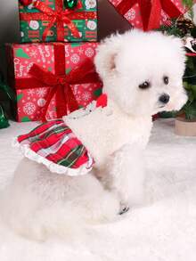 PETSIN 1pc Cat And Dog Universal Pet Clothes, Cute Embroidered Santa Claus Christmas Outfit, Autumn And Winter Plus Plush Thick Warm Cotton Dress - red grid - View 5