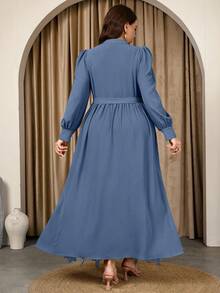 Graceveil Đầm ren dài tay màu trơn cỡ lớn thanh lịch thường ngày - Màu xanh lam - Xem 2