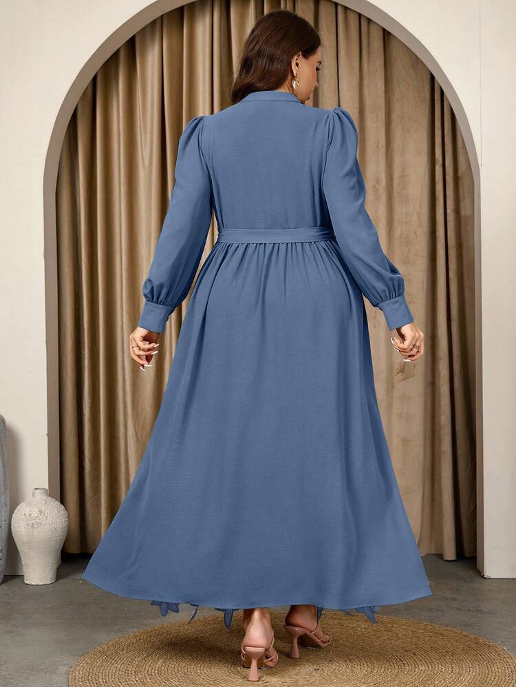 Graceveil Plus Size Long Sleeve Solid Color Lace Waist Belt Elegant Casual Dress - Blue - View 2