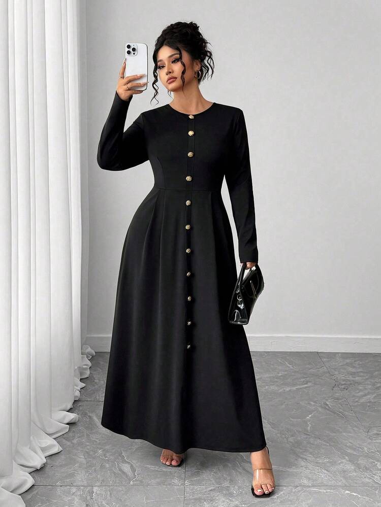 Elenzga 大码女式优雅金属纽扣装饰长袖针织弹力连衣裙，圆领，喇叭袖，纽扣装饰，简约剪裁设计连衣裙 - 黑色 - 查看 4