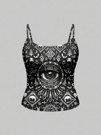 Goth Top de tirantes con calavera, ojo, cruz, polilla y serpiente con gemas, estilo misterioso y oscuro de Halloween para tallas grandes