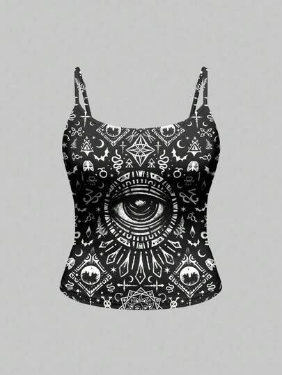 Goth Plus Size Halloween Dark Horror Mysterious Eye Cross Moth Snake Gem Skull Suspender Tank Top
