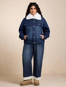 Elaquor Plus Size Denim Jacket With Thermal Lining, Fashion For Autumn/Winter - Medium Wash - View 2