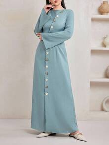 Veilorie Women's Simple Solid Color Long Sleeve Arabic Dress For Daily Wear - Green - View 1