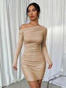 Elenzga 女式不对称褶饰长袖连衣裙 - 卡其色 - 查看 3