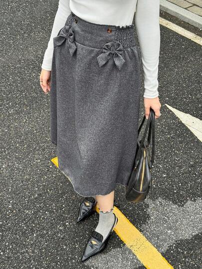 SHEIN 优雅简约编织高腰A字裙，蝴蝶结装饰，适合少女