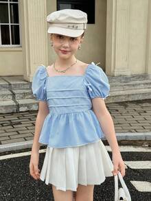 青少年女孩休闲泡泡袖蝴蝶结衬衫 - 藍色 - 查看 3