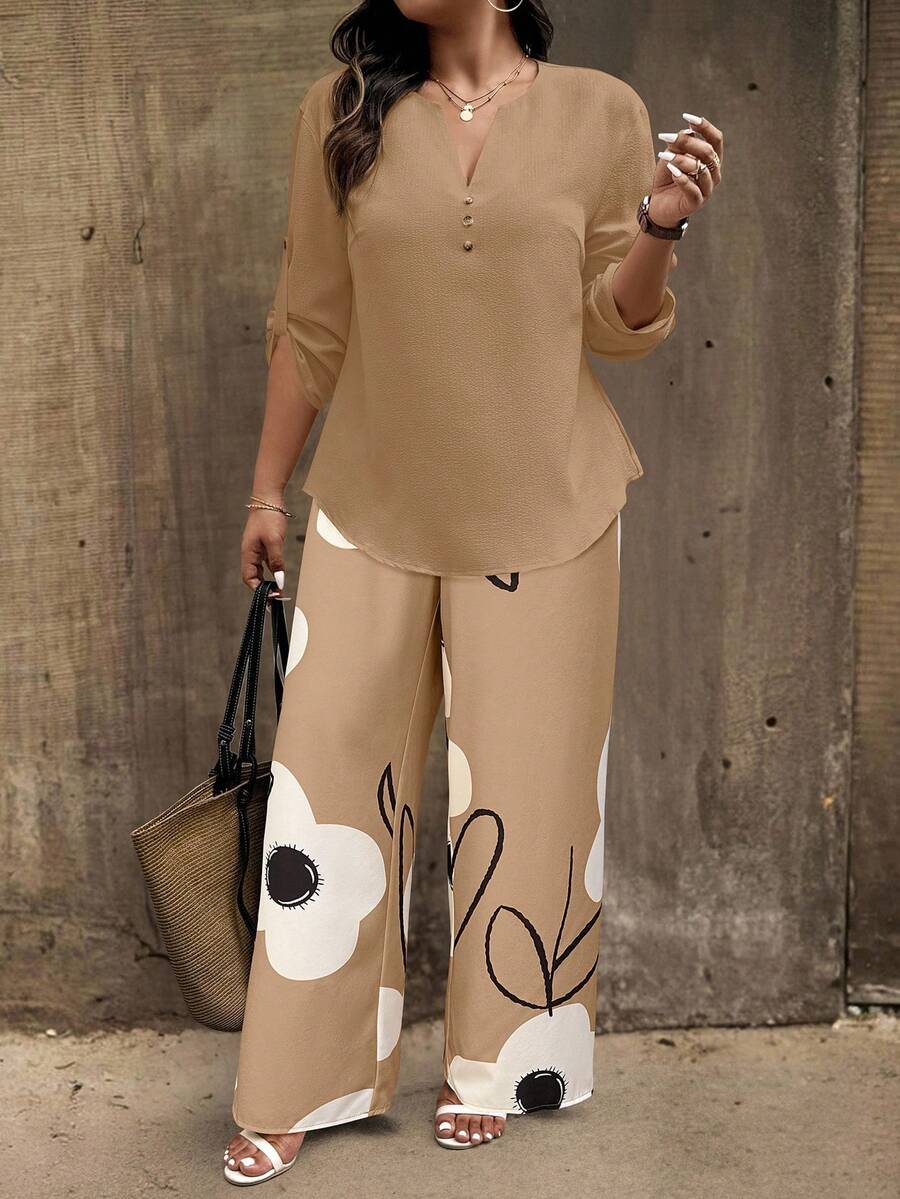 EMERY ROSE Bộ 2 món áo sơ mi tay bo cổ chữ V trơn cỡ lớn và quần in hoa thường ngày dành cho nữ - Nhiều màu - Xem 1