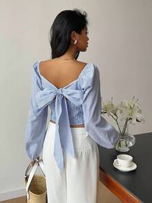 Serisse Chemise courte à col en cœur et manches raglan rayée pour femme - Bleu azur - Voir 2