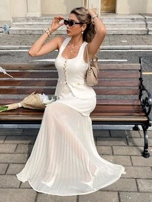 SHEIN Frenchy 女士纯色无袖上衣和裙子两件套 - 杏色 - 查看 6